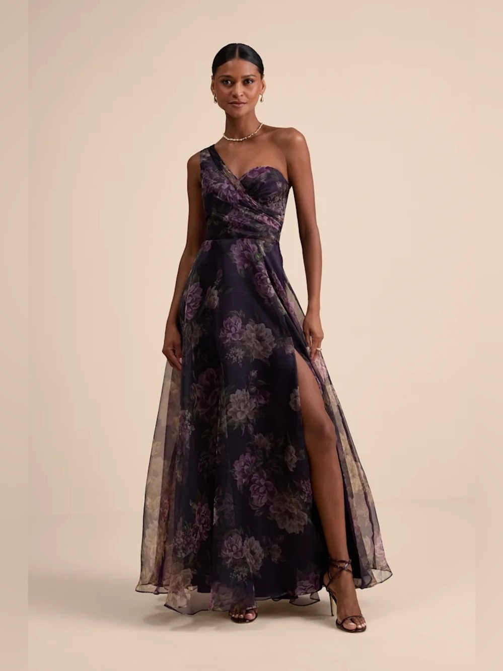 Lulus Truly Extraordinary Plum Floral Organza One-Shoulder Maxi Dress XL NWOT